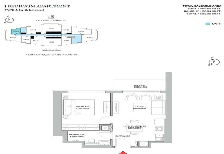 Sobha Hartland 2 Dubai 1 Bedroom Apartment Floor Plan